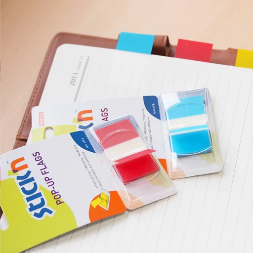 Film index autoadeziv 45 x 25mm, 50 file/set, cu dispenser, Stick'n Pop-up - transparent/albastru