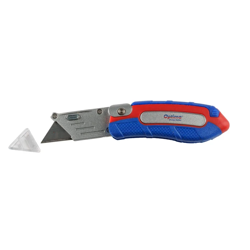 Cutter Optima Pro, lama trapezoidala + 2 rezerve SK5, pliabil, clips curea, zinc cu rubber grip Cutter Optima Pro, lama trapezoidala + 2 rezerve SK5, pliabil, clips curea, zinc cu rubber grip