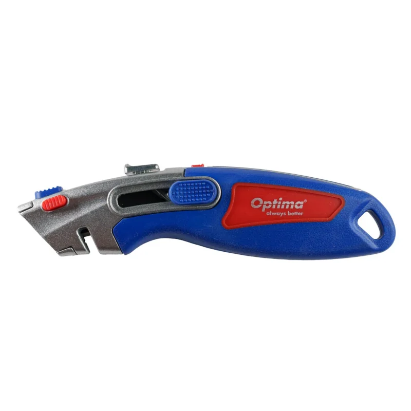 Cutter Optima Pro, lama trapezoidala + 4 rezerve SK2 tratate, 2 functiuni, zinc cu rubber grip Cutter Optima Pro, lama trapezoidala + 4 rezerve SK2 tratate, 2 functiuni, zinc cu rubber grip