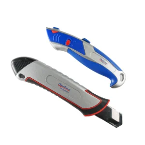 Cutter Optima Industrial, lama trapezoidala + 5 rezerve SK5, cu auto-incarcare, zinc cu rubber grip