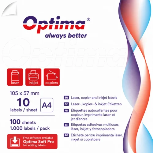 Etichete albe autoadezive 10/A4, 105 x 57 mm, 100 coli/top, Optima