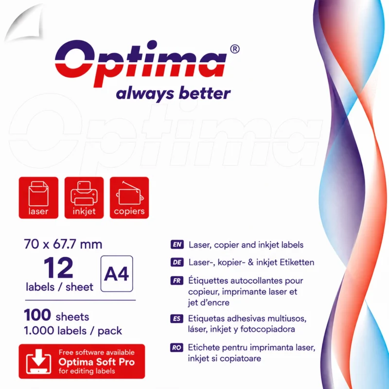 Etichete albe autoadezive 12/A4, 70 x 67.7 mm, 100 coli/top, Optima