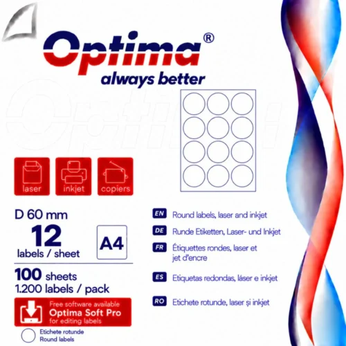Etichete albe autoadezive rotunde (D60), 12/A4, 100 coli/top, Optima