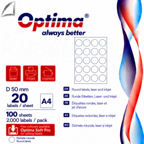 Etichete albe autoadezive rotunde (D50), 20/A4, 100 coli/top, Optima