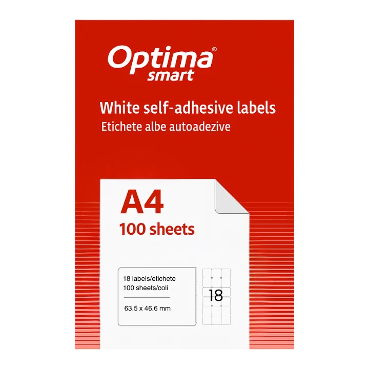 Etichete albe autoadezive 18/A4, 63.5 x 46.6 mm, 100 coli/top Optima Smart - colturi rotunjite