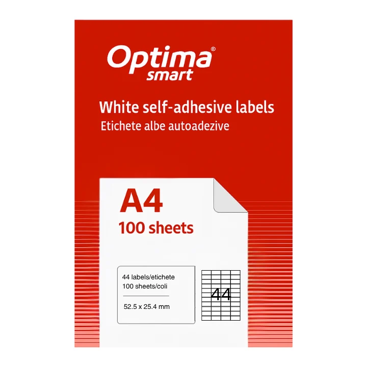 Etichete albe autoadezive 44/A4, 52.5 x 25.4 mm, 100 coli/top, Optima Smart
