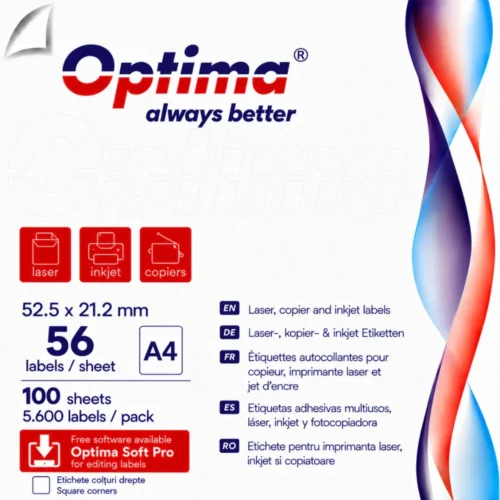 Etichete albe autoadezive 56/A4, 52.5 x 21.2 mm, 100 coli/top, Optima