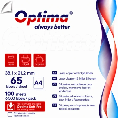 Etichete albe autoadezive 65/A4, 38.1 x 21.2 mm, 100 coli/top, Optima - colturi rotunjite