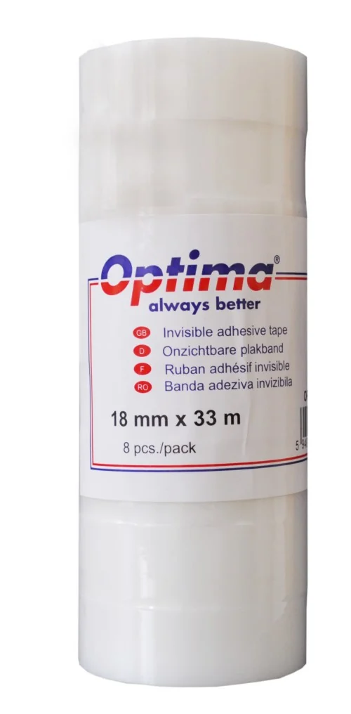 Banda adeziva 18mm x 33 m, 50 microni, Optima - mata, invizibila la copiere - se rupe usor, cu mana