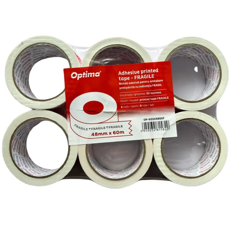Banda adeziva pentru ambalare, 48mm x 60 m, 50 microni, Optima Fragile - alba cu imprimare rosie