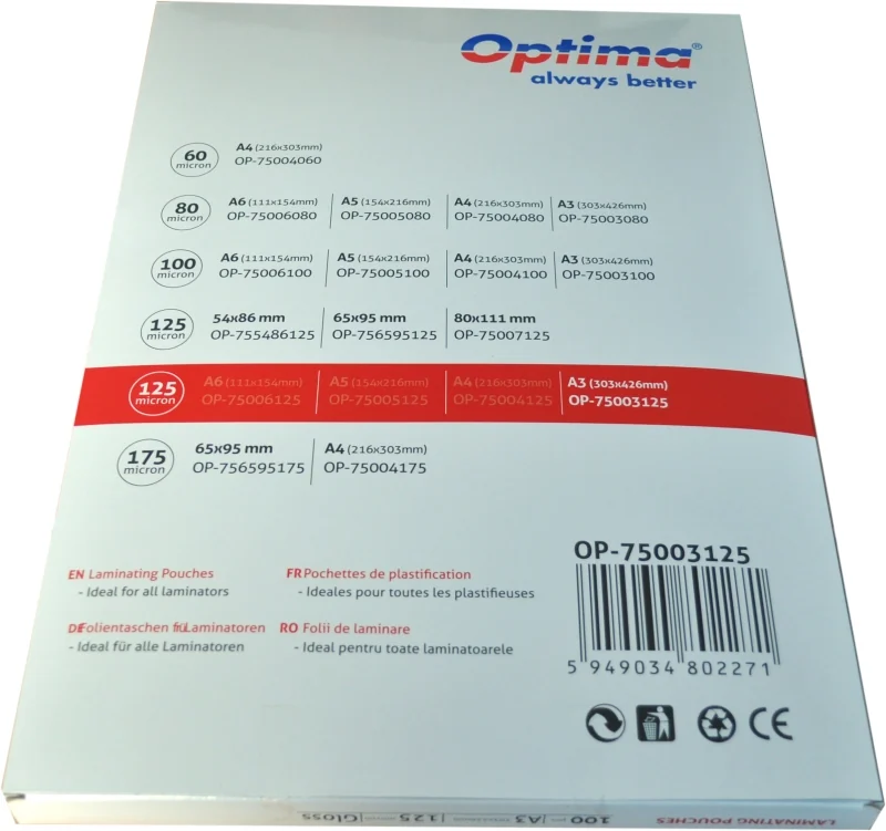 Folie laminare Optima, A3 (303 x 426 mm), 125 microni, 100folii/top