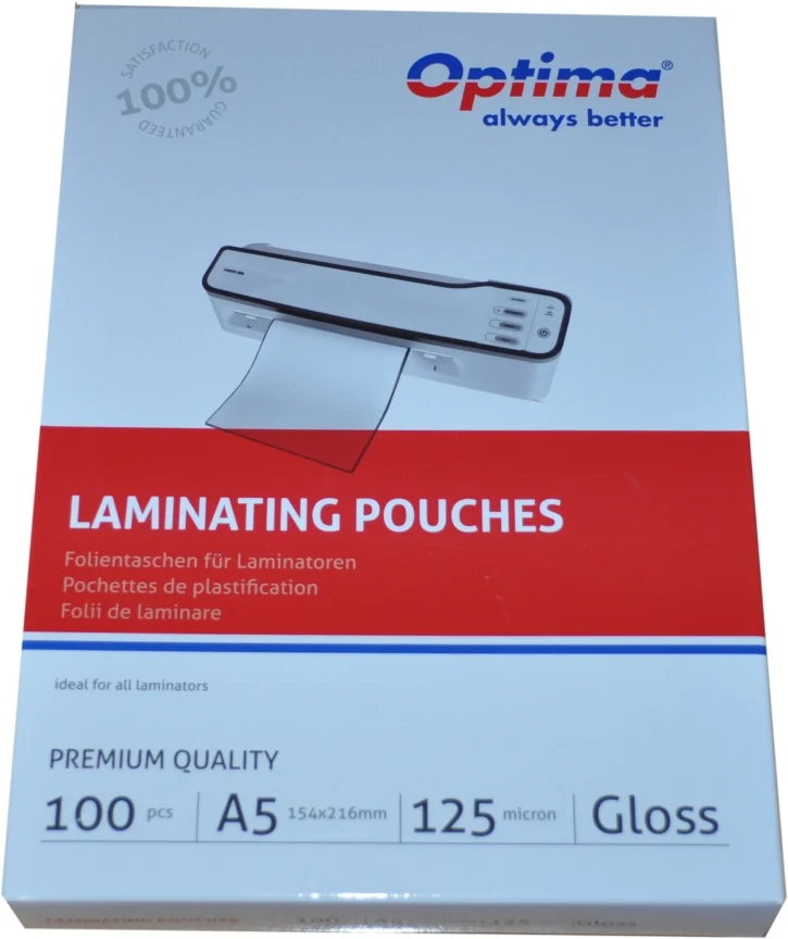 Folie laminare Optima, A5 (154 x 216 mm), 125 microni, 100 folii/top Folie laminare Optima, A5 (154 x 216 mm), 125 microni, 100 folii/top