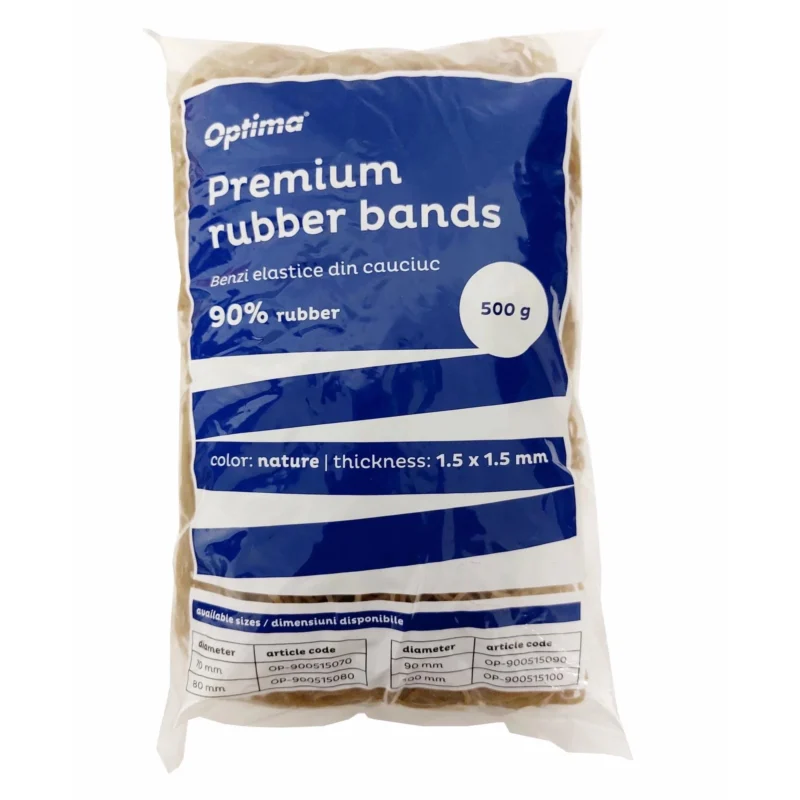 Elastice pentru bani, 90% cauciuc, 500gr/punga, D 50, grosime 1.5mm x 1.5mm, Optima - natural Elastice pentru bani, 90% cauciuc, 500gr/punga, D 50, grosime 1.5mm x 1.5mm, Optima - natural
