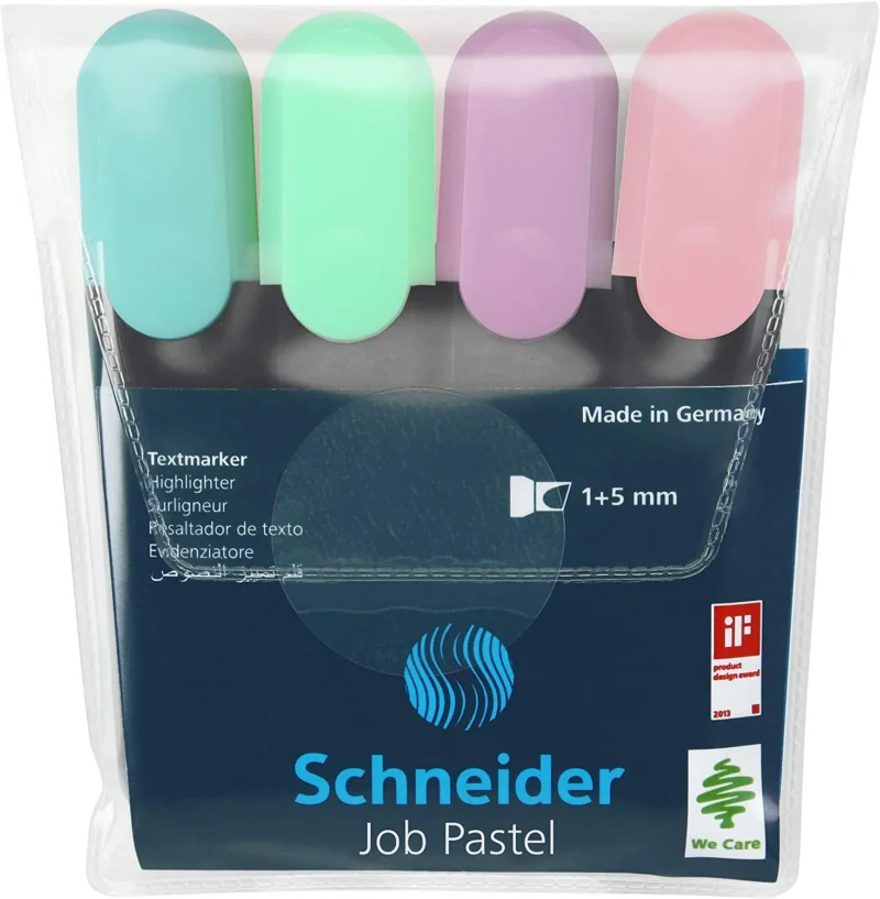 Textmarker SCHNEIDER Job Pastel, varf lat, 4 culori/set -(turcoaz, menta, lavanda, roze) Textmarker SCHNEIDER Job Pastel, varf lat, 4 culori/set -(turcoaz, menta, lavanda, roze)