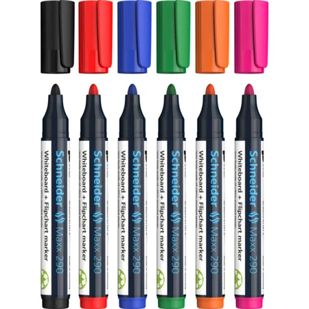 Marker SCHNEIDER Maxx 290, pentru tabla de scris+flipchart, varf rotund 2-3mm, 6 culori/set Marker SCHNEIDER Maxx 290, pentru tabla de scris+flipchart, varf rotund 2-3mm, 6 culori/set
